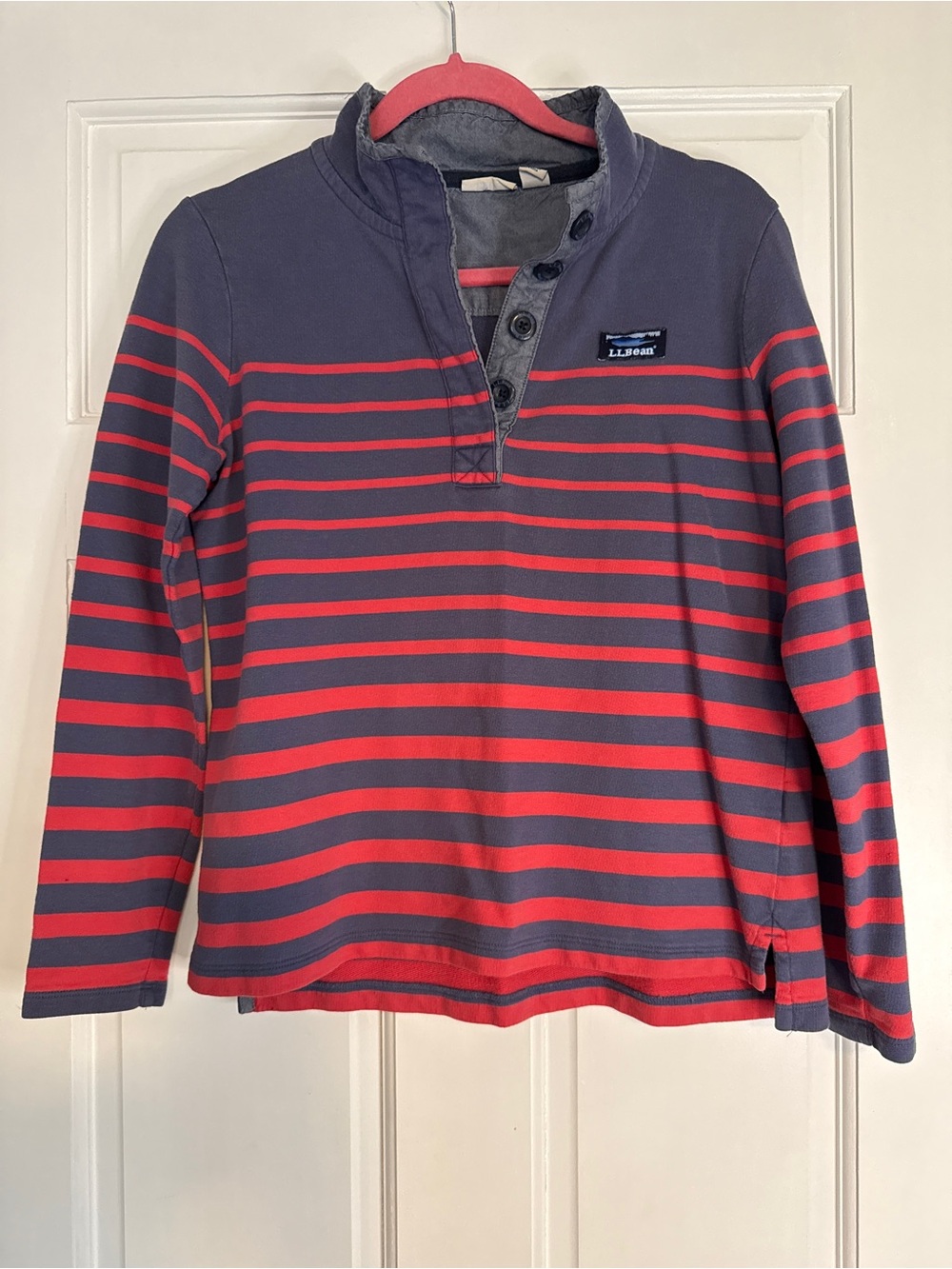 L.L. Bean Women's Navy and Red Striped Button Henley Long Sleeve